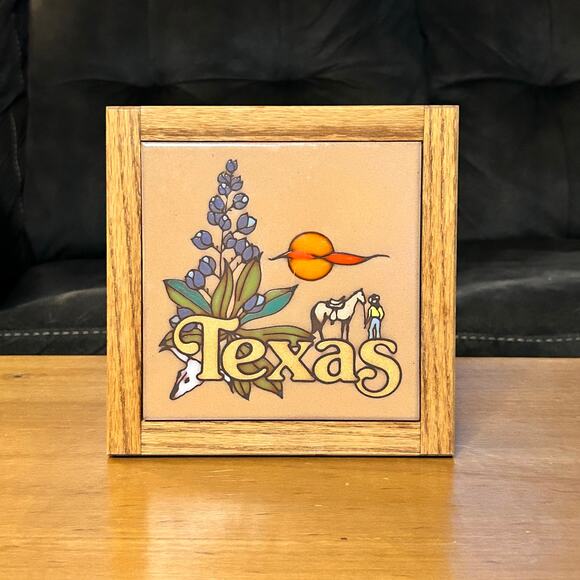 Texas Themed Ceramic Wall Tile Art with Wooden Frame Hot Pad - Picture 1 of 2